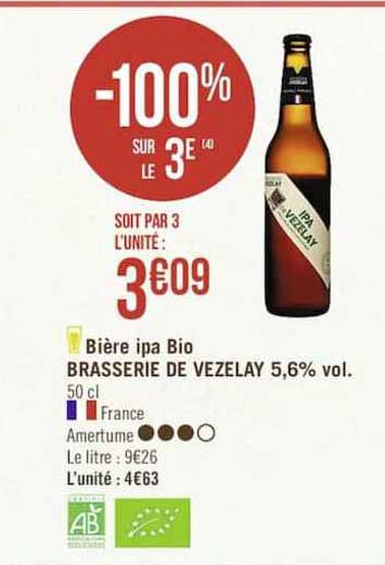bière ipa bio brasserie de vezelay 5.6% vol. -100% sur le 3e