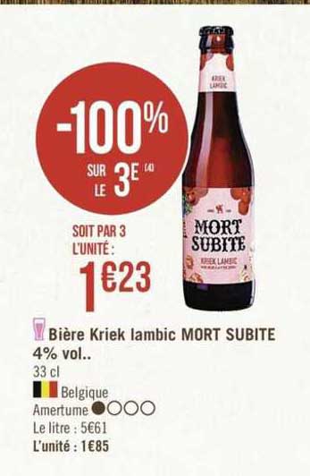 bière kriek lambic mort subite 4% vol. -100% sur le 3e
