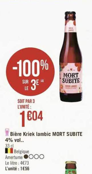 bière kriek lambic mort subite 4% vol. -100% sur le 3e