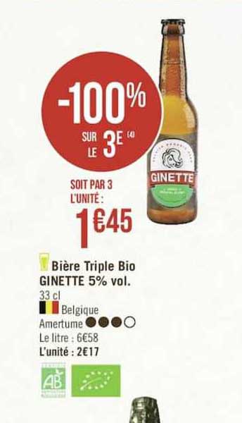 bière triple bio ginette 5% vol. -100% sur le 3e