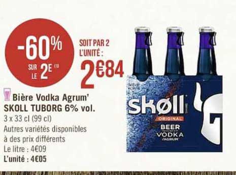 bière vodka agrum' skoll tuborg 6% vol. -60% sur le 2è