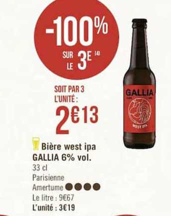 bière west ipa gallia 6% vol. -100% sur le 3e