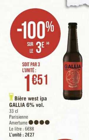 bière west ipa gallia 6% vol. -100% sur le 3e