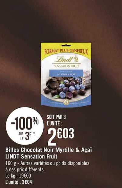 billes chocolat noir myrtille & açaï lindt sensation fruit -100% sur le 3e