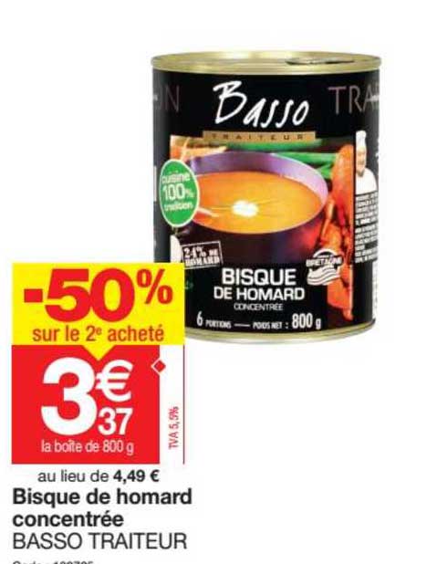 bisque de homard concentrée basso traiteur -50% sur le 2e acheté