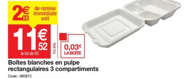 Boîtes Blanches En Pulpe Rectangulaire 3 Compartiments