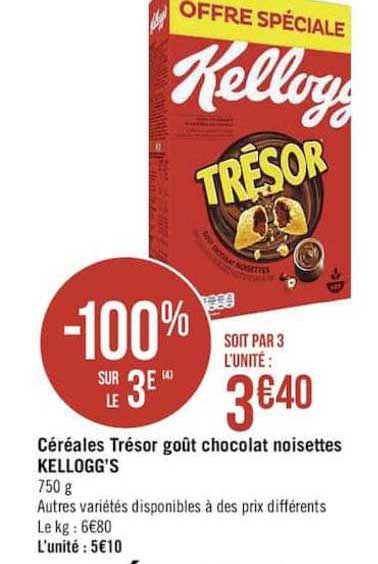 Céréales Trésor Goût Chocolat Noisettes Kellogg's -100% Sur Le 3e