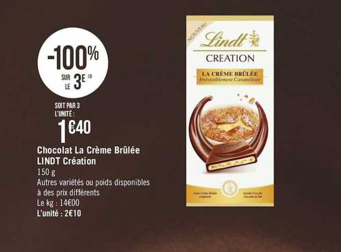 chocolat la crème brûlée lindt création -100% sur le 3e