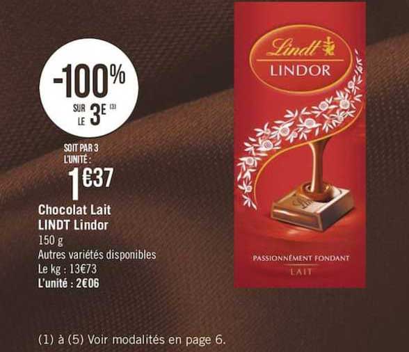 Chocolat Lait Lindt Lindor -100% Sur Le 3e