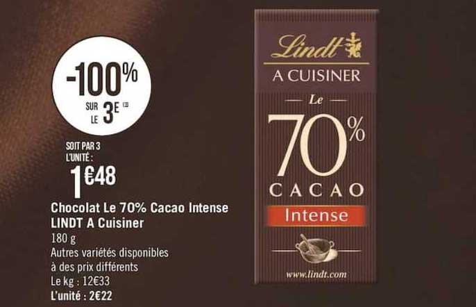 chocolat le 70% cacao intense lindt à cuisiner -100% sur le 3e
