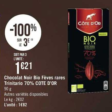 chocolat noir bio fèves rares trinitario 70% côte d'or -100% sur le 3e