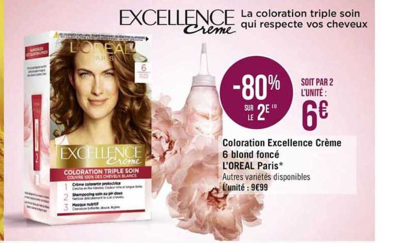 coloration excellence crème 6 blond foncé l'oreal paris -80% sur le 2e