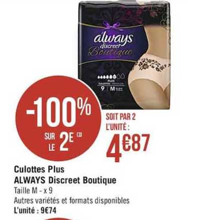culottes plus always discret boutique -100% sur le 3e