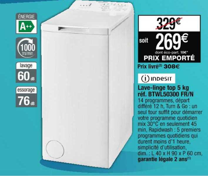 indesit lave linge top 5 kg réf. btwl50300 fr n