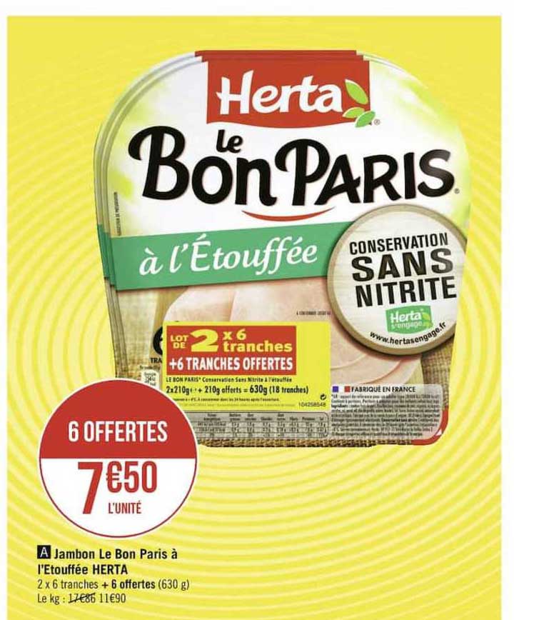 jambon le bon paris à l'etouffée herta 6 offertes