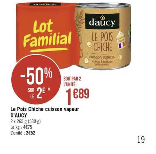 le pois chiche cuisson vapeur d'aucy -50% sur le 2e