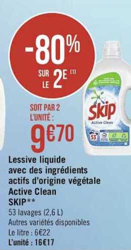 lessive liquide avec des ingrédients actifs d'origine végétale active clean skip -80% sur le 2è
