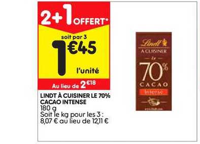 lindt à cuisiner le 70% cacao intense 2+1 offert