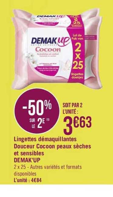 lingettes démaquillantes douceur cocoon peaux sèches et sensibles demak'up -50% sur le 2è