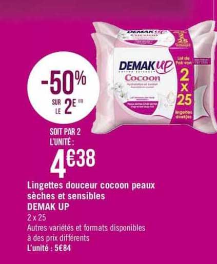lingettes douceur cocoon peaux sèches et sensibles demak up -50% sur le 2è