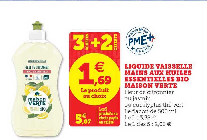 liquide vaisselle mains aux huiles essentielles bio maison verte 3 achetés + 2 offerts