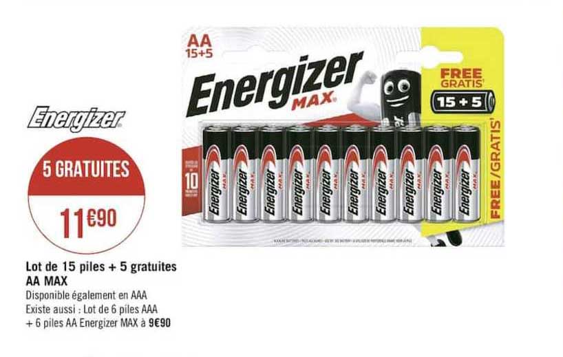 lot de 15 piles + gratuites aa max energizer 5 gratuites