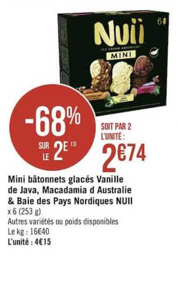 mini bâtonnets glacés vanille de java, macadamia d'australie & baie des pays nordiques nuii -68% sur le 2è