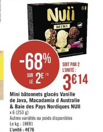 mini bâtonnets glacés vanille de java macadamia d'australie & baie des pays nordiques nuii -68% sur le 2è