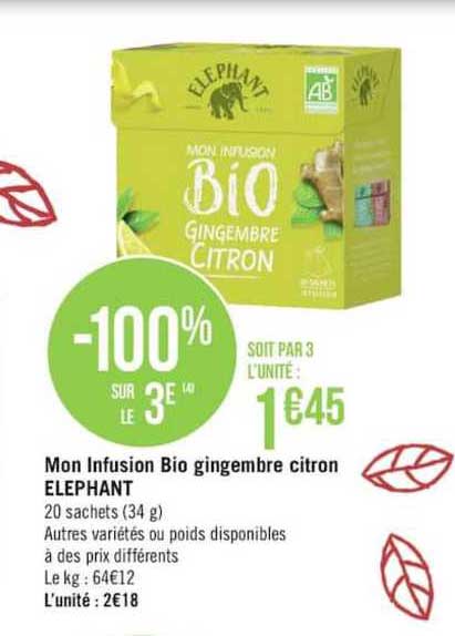 mon infusion bio gingembre citron elephant -100% sur le 3e