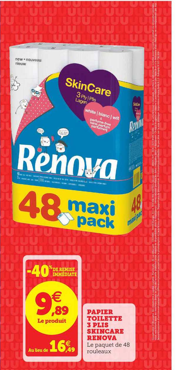 papier toilette 3 plis skincare renova -40% de remise immédiate