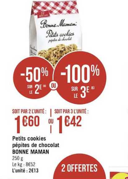 petits cookies pépites de chocolat bonne maman -50% sur le 2e ou -100% sur le 3e