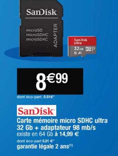 sandisk carte mémoire micro sdhc ultra 32 gb + adaptateur 98mb s