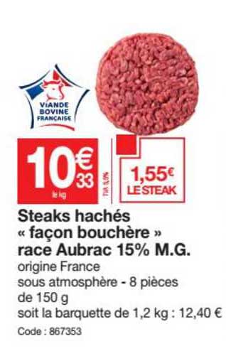 steaks hachés "façon bouchère" race aubrac 15% m.g.
