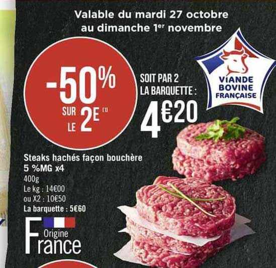 steaks hachés façon bouchère 5% mg x4 -50% sur le 2è