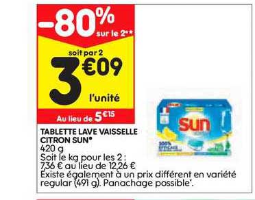 tablette lave vaisselle citron sun -80% sur le 2e