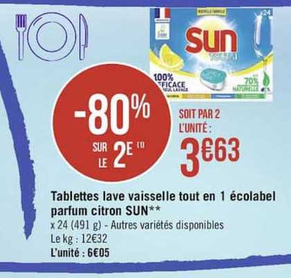 tablettes lave vaisselle tout en 1 écolabel parfum citron sun -80% sur le 2è