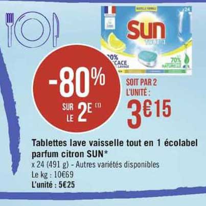 tablettes lave vaisselle tout en 1 écolabel parfum citron sun -80% sur le 2è