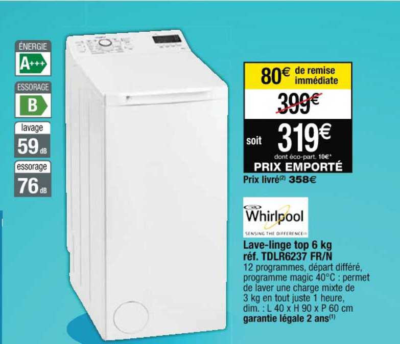 whirlpool lave linge top 6 kg réf. tdlr6237 fr n