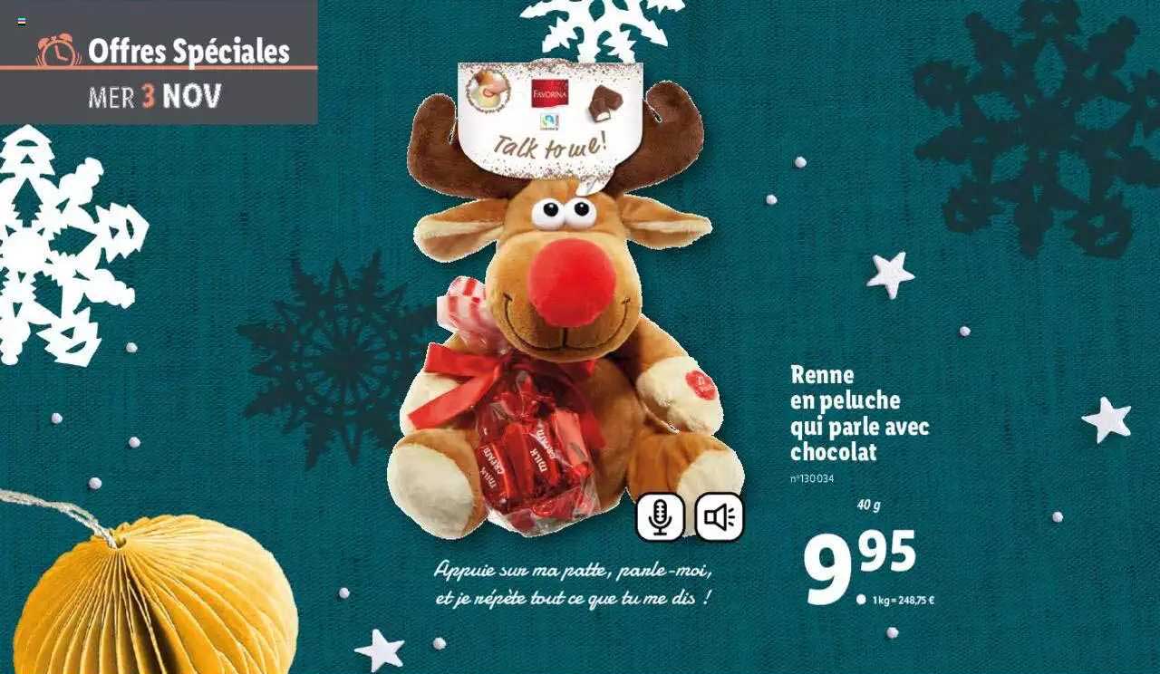 renne en peluche qui parle avec chocolat
