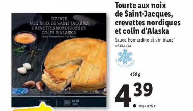 tourte aux noix de saint-jacques, crevettes nordique et colin d'alaska