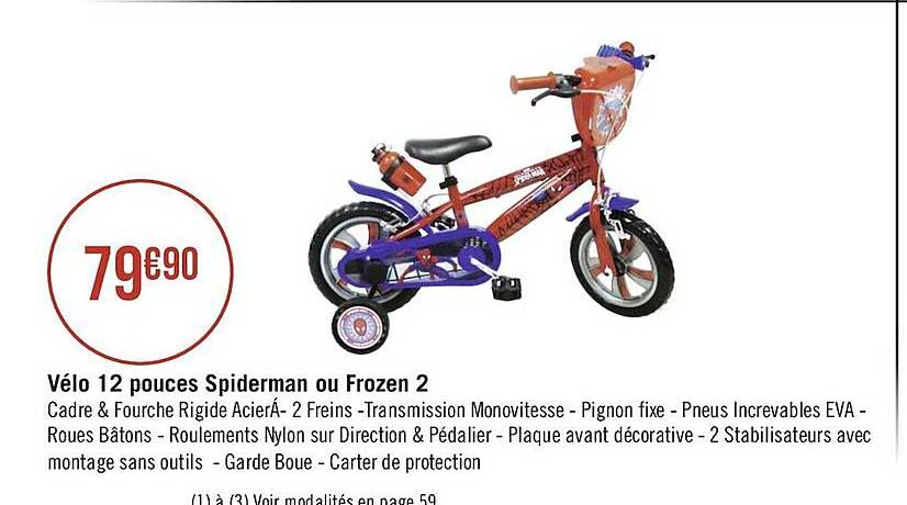 vélo 12 pouces spiderman ou frozen 2
