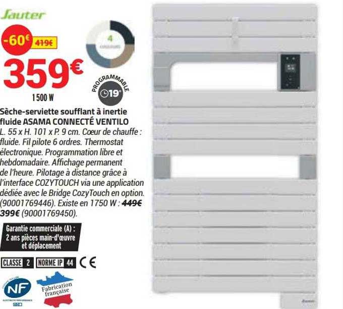 sèche-serviette soufflant à inertie fluide asama connecté ventilo sauter