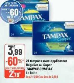 24 Tampons Avec Applicateur Régulier Ou Super Tampax Compak