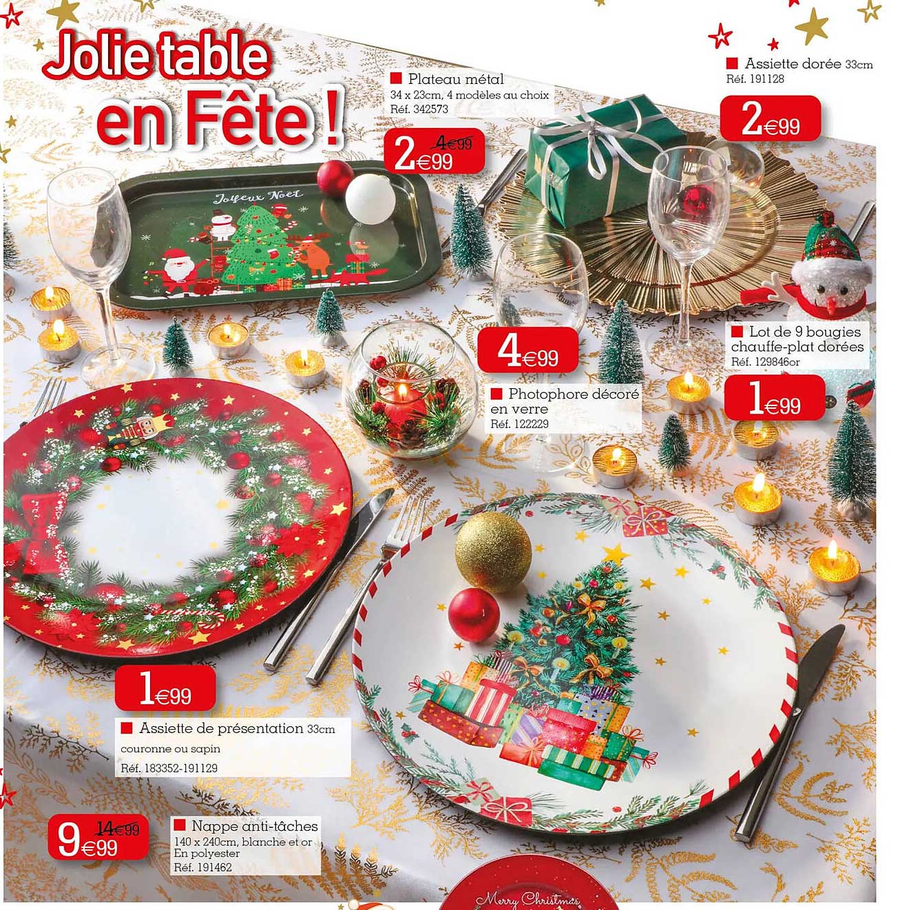 assiette de présentation, nappe-anti-taches, photophore décoré en verre, assiette métal, assiette dorée 33 cm, lot de 9 bougies chauffe-plat dorées