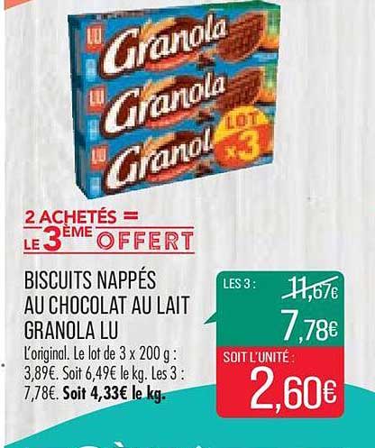 biscuits nappés au chocolat au lait granola lu 2 achetés = le 3ème offfert