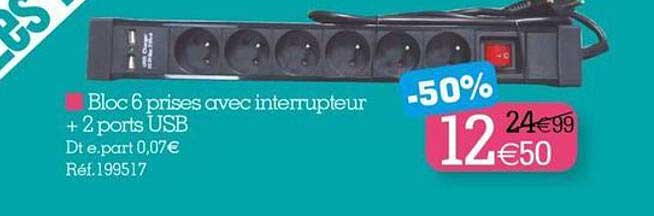 bloc 6 prises avec interrupteur + 2 ports usb