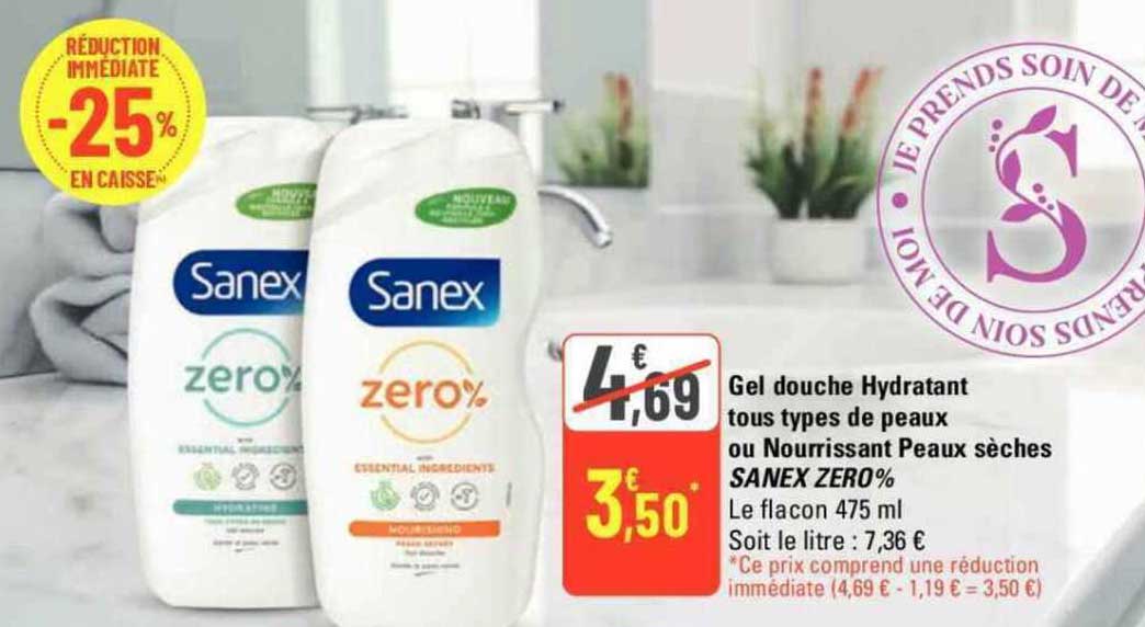 gel douche hydratant tous types de peaux ou nourrissant peaux sèches sanex zéro%