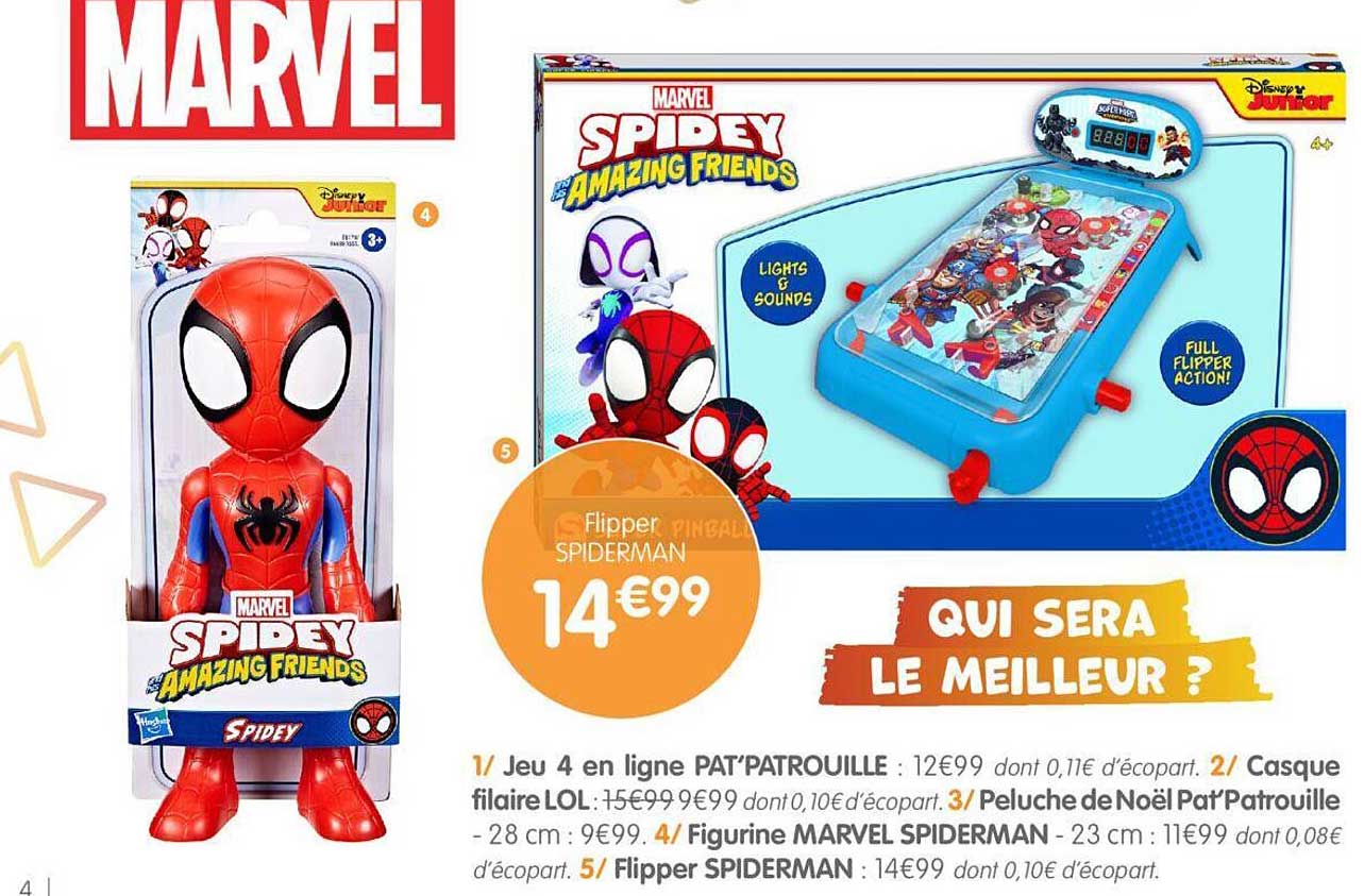 jeu 4 en ligne pat'patrouille, casque filaire lol, peluche de noël pat'patrouille, figurine marvel spiderman, flipper spiderman