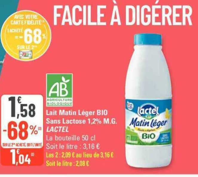 lait matin léger bio sans lactose 1,2% m.g. lactel