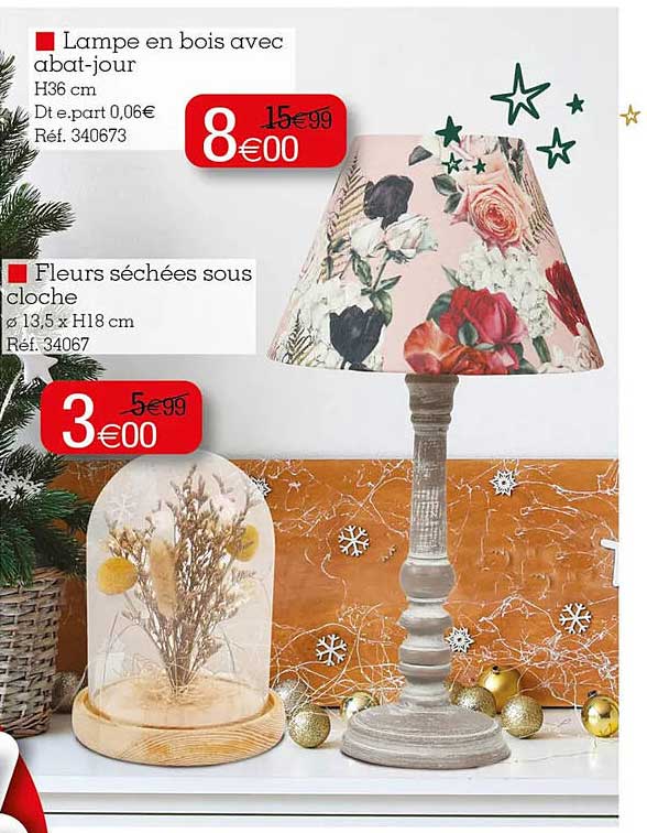 lampe en bois avec abat-jour, fleurs séchées sous cloche